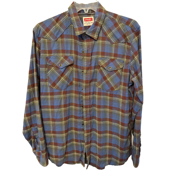 Wrangler Shirt Mens Large Blue Red Green Plaid Flannel Western Button Front - Picture 1 of 9